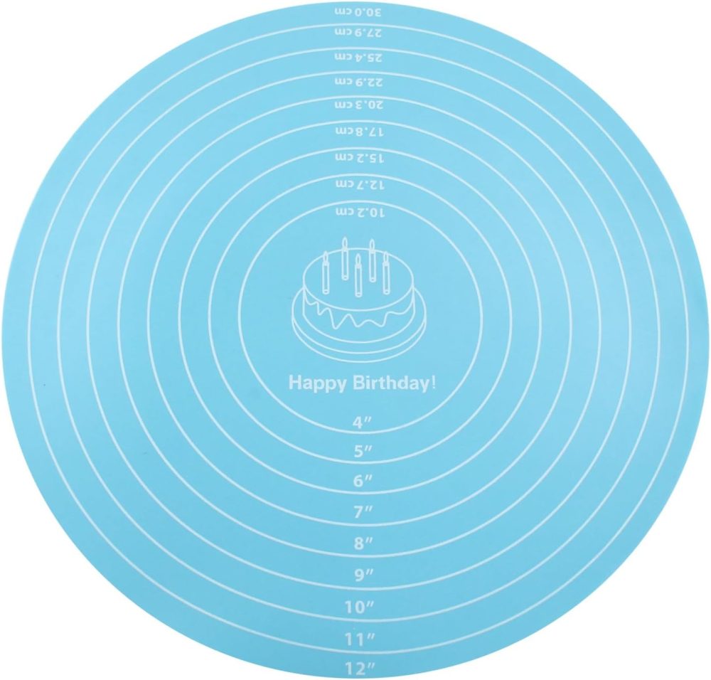 12 Inch Round Silicone Cake Mat, Silicone Baking Mat with Measurement for Cake Turntable & Rolling Dough (Blue)