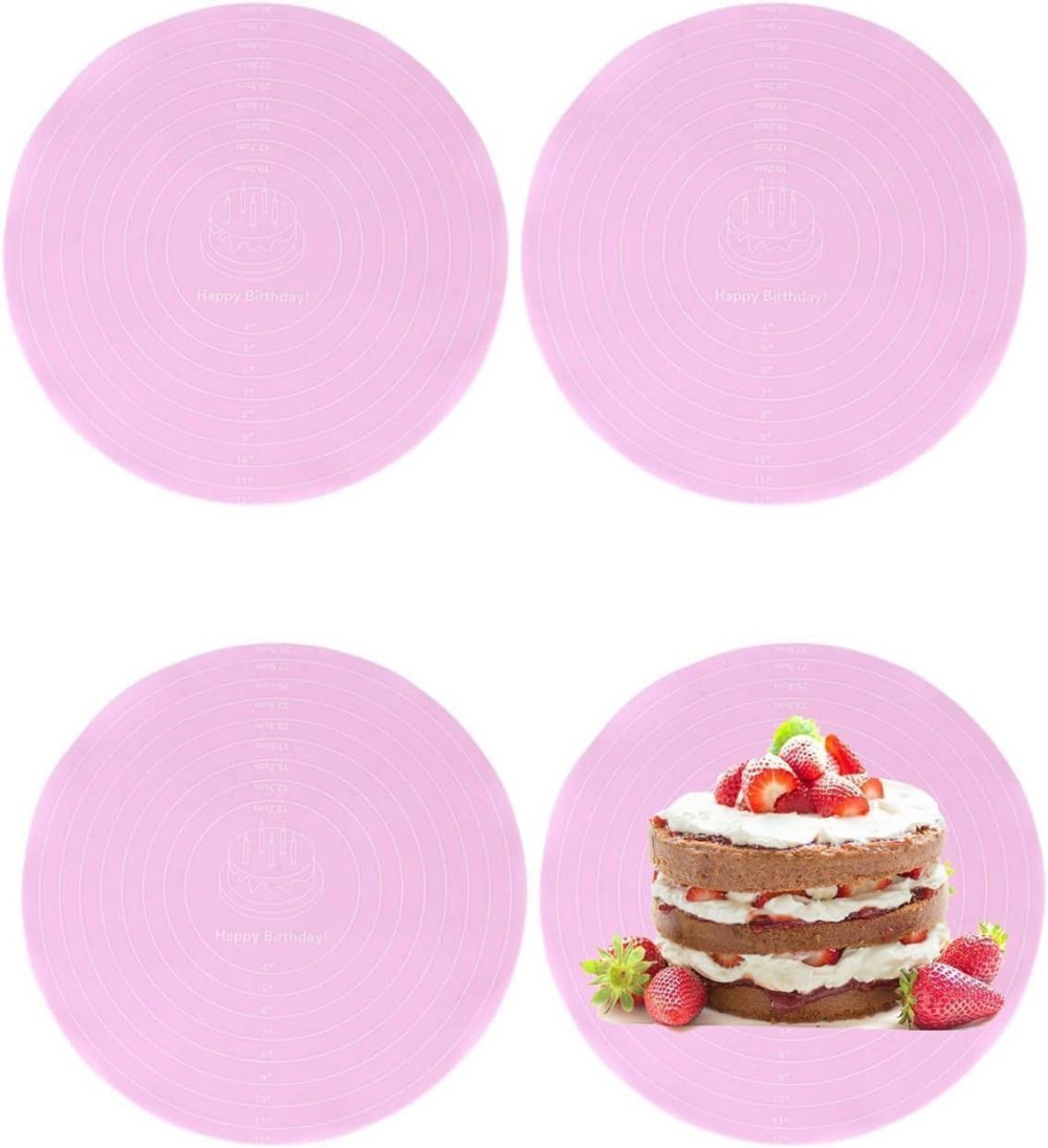 4PCS Silicone Baking Mats, Non-slip Pastry Mat Round Silicon Baking Mat with Measurements Non-stick Heat Resistant Cake Mat for Cake Turntable Stand Reusable Silicone Mat for Baking Pan, Pink