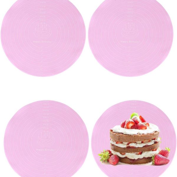 4PCS Silicone Baking Mats, Non-slip Pastry Mat Round Silicon Baking Mat with Measurements Non-stick Heat Resistant Cake Mat for Cake Turntable Stand Reusable Silicone Mat for Baking Pan, Pink