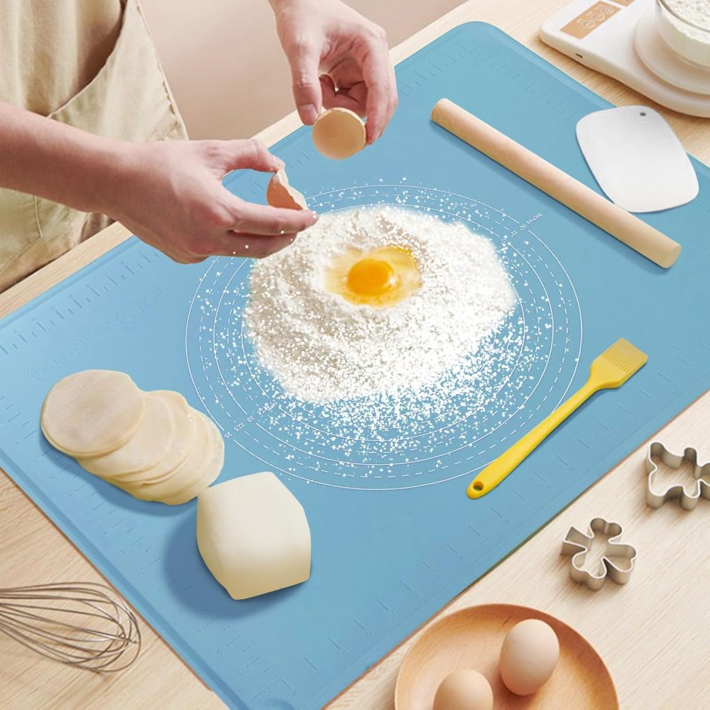 Silicone Pastry Mat 24" x 16" Extra Thick Dough Rolling Mat with Measurements and Edge Heightening, Non-stick Food Grade Silicone Baking Mats for Pastry, Bread, Cookies, Pizza, Fondant, Pasta