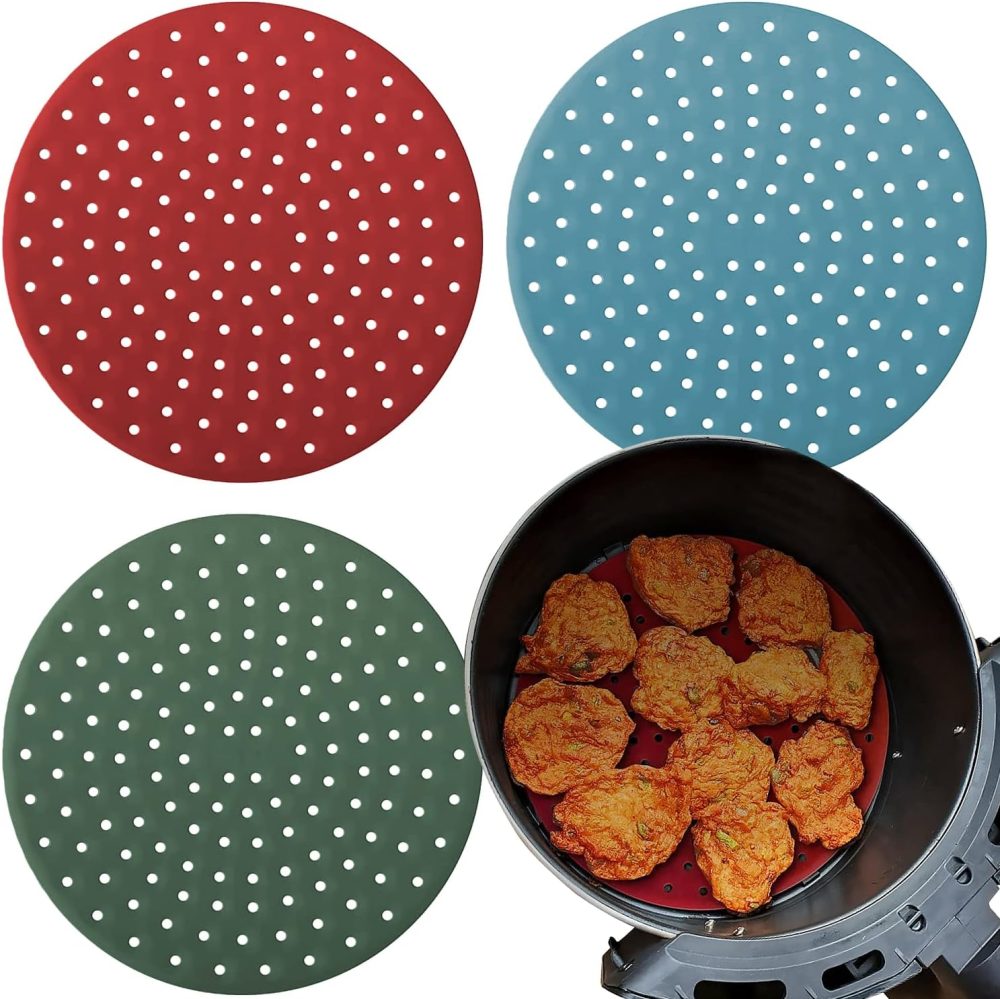 Reusable Round Silicone Air Fryer Liners (9 Inch, 3 Pack) by  - Non-Stick, Easy-Clean Accessories with Cheat Sheet & Recipe Book, Perfect for Quick Meals