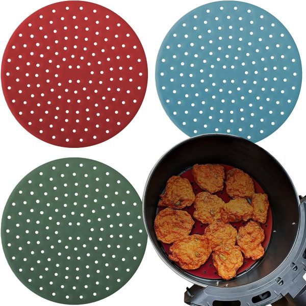 Reusable Round Silicone Air Fryer Liners (9 Inch, 3 Pack) by  - Non-Stick, Easy-Clean Accessories with Cheat Sheet & Recipe Book, Perfect for Quick Meals