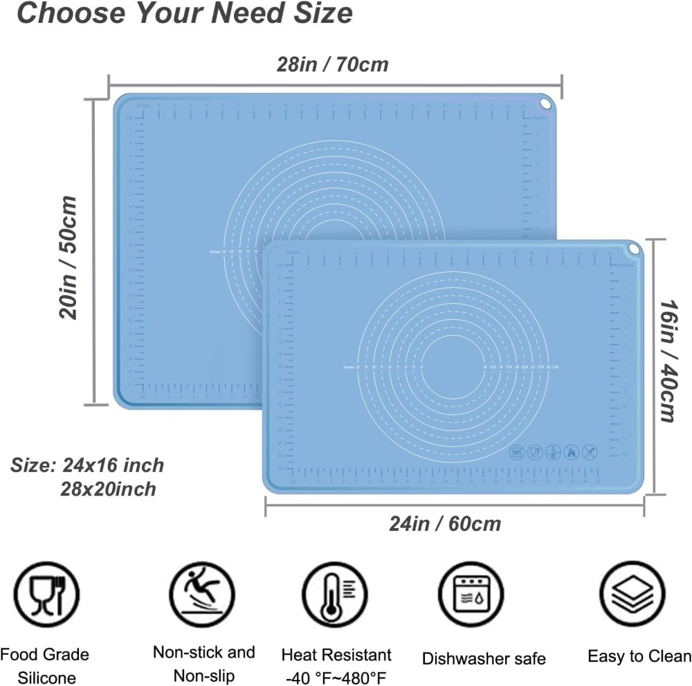 Silicone Pastry Mat 24" x 16" Extra Thick Dough Rolling Mat with Measurements and Edge Heightening, Non-stick Food Grade Silicone Baking Mats for Pastry, Bread, Cookies, Pizza, Fondant, Pasta - Image 2
