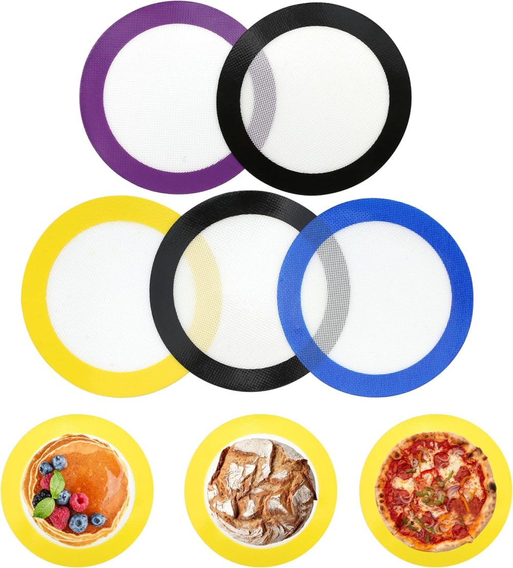 5PCS 8 Inch Random Colors Round Silicone Baking Mat Set, Reusable Non Slip Non Stick Turntable Heat Resistant Small Sheets for Making Pie Bread Macaron Cake Pan Pizza Cookies Pita Rolling Pastry Dough